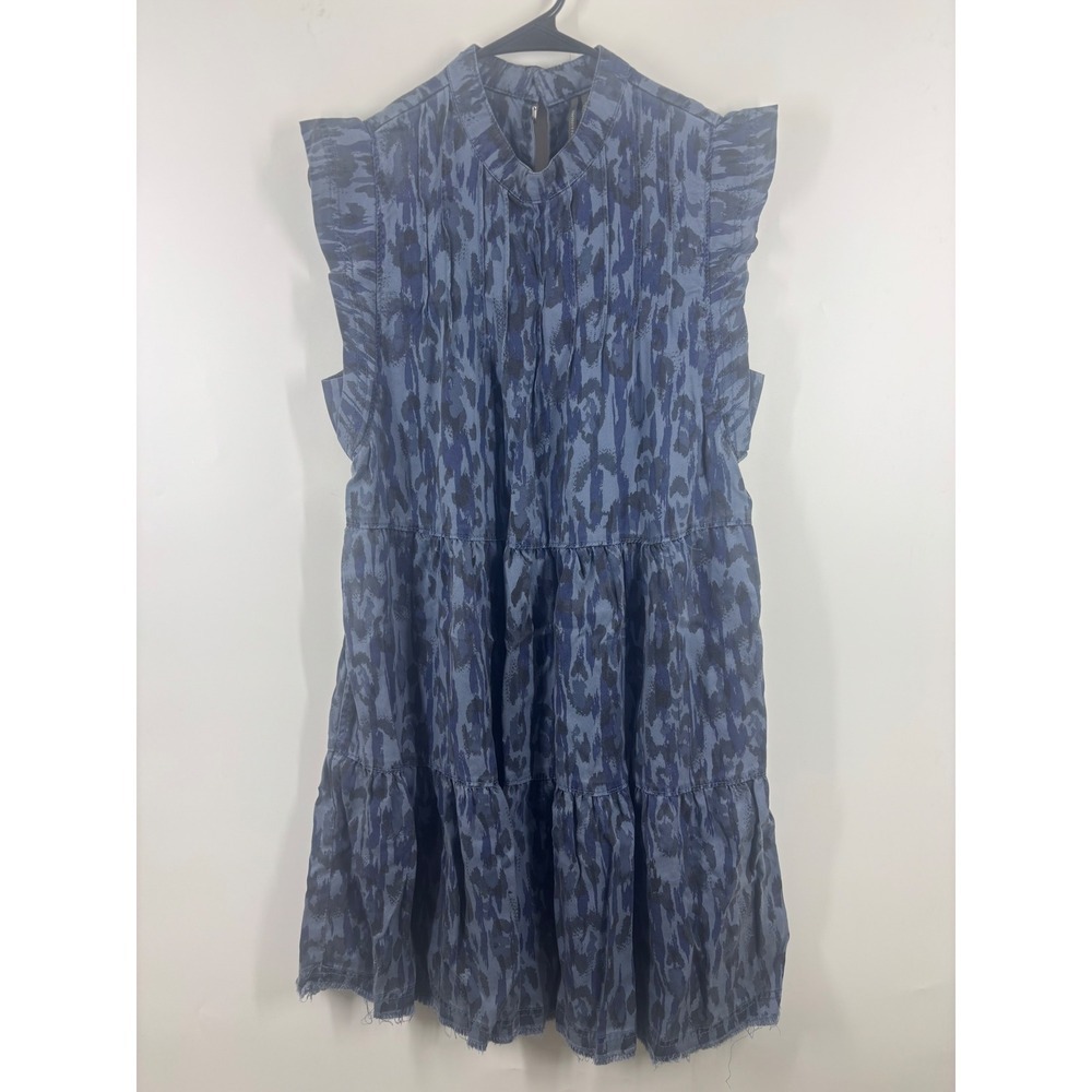 Anthropologie Jenee Blue Animal Print Tiered Babydoll Mini Dress Ruffle Sleeve S - Picture 2 of 6